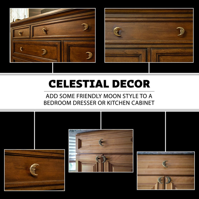 Gold - Image 3 - Set of 6 Gold Finish Cast Iron Crescent Moon Face Drawer Pulls - Decorative Cabinet Knobs for Celestial