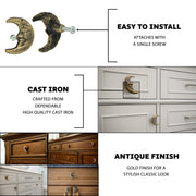 Gold - Image 2 - Set of 6 Gold Finish Cast Iron Crescent Moon Face Drawer Pulls - Decorative Cabinet Knobs for Celestial