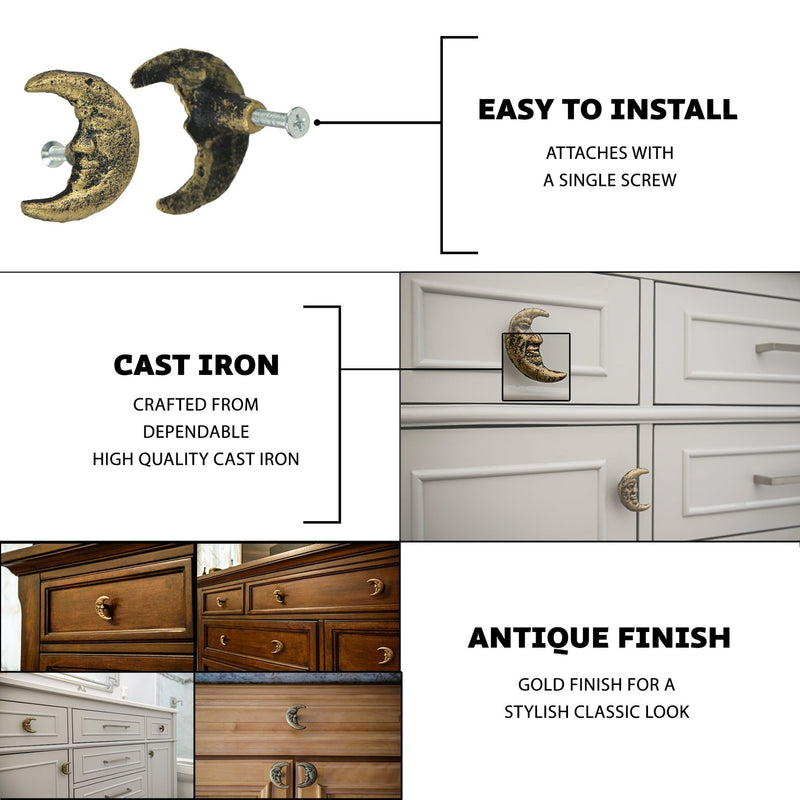 Gold - Image 2 - Set of 6 Gold Finish Cast Iron Crescent Moon Face Drawer Pulls - Decorative Cabinet Knobs for Celestial