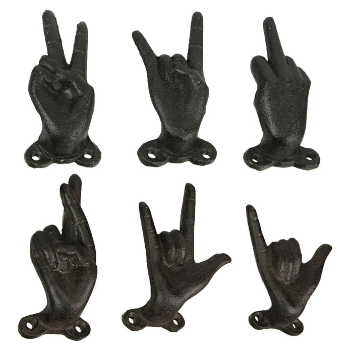 Black - Image 1 - Set of 6 Cast Iron Hand Gesture Wall Hooks - Peace Sign, Rock-On Horns, Middle Finger, ASL "I Love You,"