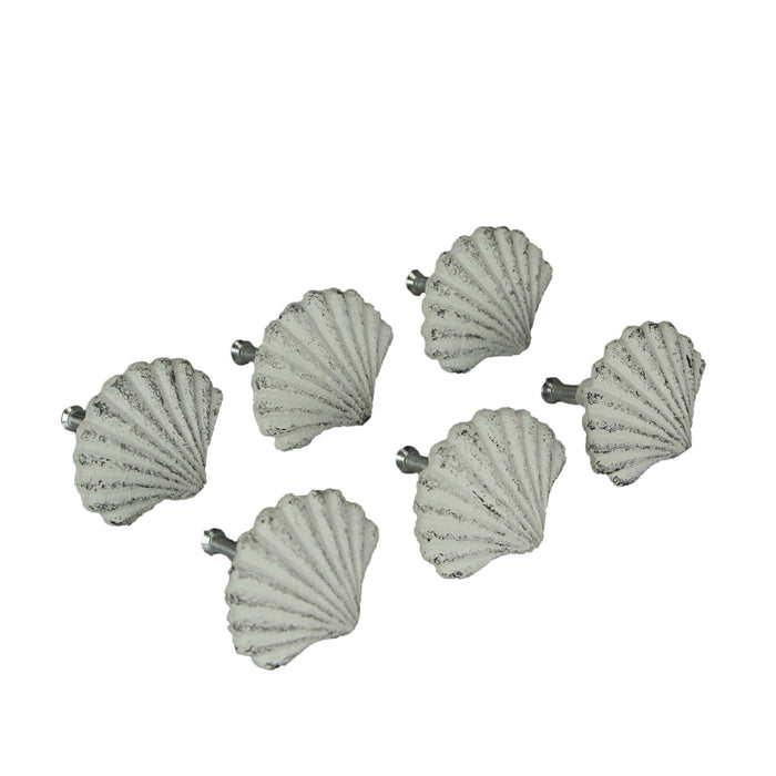 White - Image 1 - Set of 6 Antique White Cast Iron Scallop Sea Shell Drawer Pulls Nautical Cabinet Knobs - 2 Inches Long -