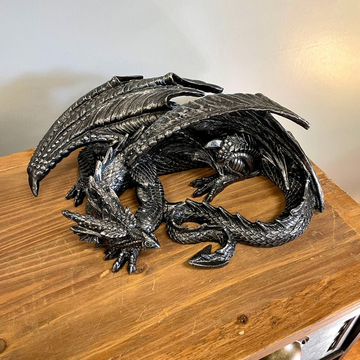 Somasaurus Metallic Black Sleeping Dragon Resin Statue – Gothic Fantasy Décor – 12 Inch Detailed Collectible Figurine for