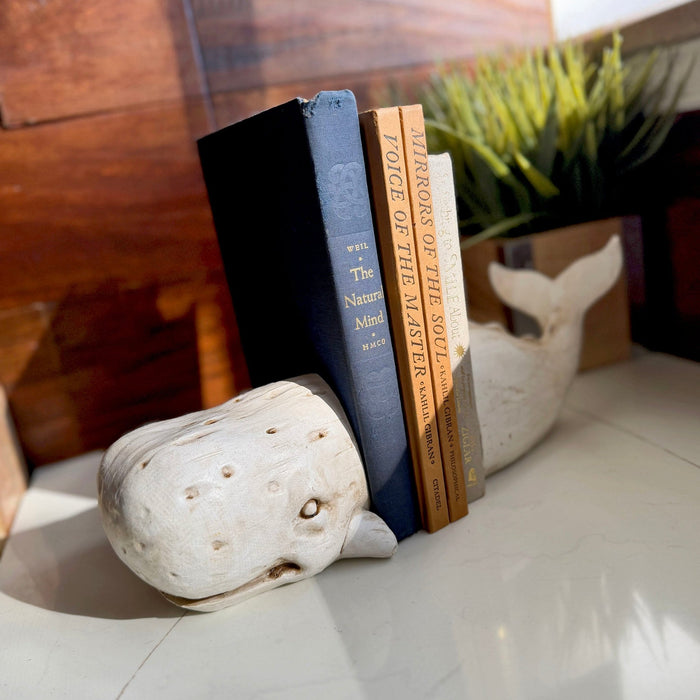 Sperm Whale Head and Tail Bookend Set, Off White Weathered Hand Painted Resin Nautical Bookends, 10 Inch Coastal Shelf Decor