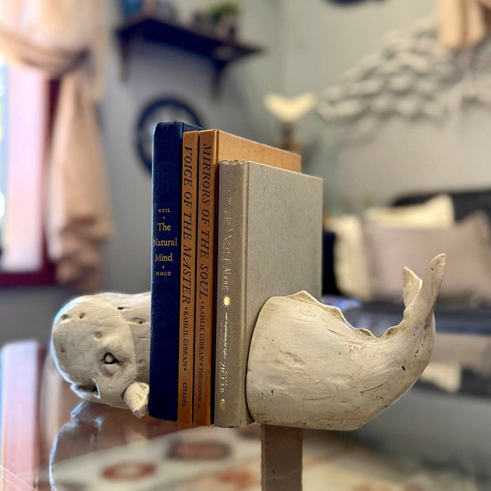 Sperm Whale Head and Tail Bookend Set, Off White Weathered Hand Painted Resin Nautical Bookends, 10 Inch Coastal Shelf Decor