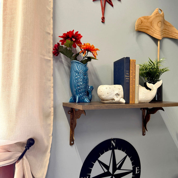 Sperm Whale Head and Tail Bookend Set, Off White Weathered Hand Painted Resin Nautical Bookends, 10 Inch Coastal Shelf Decor