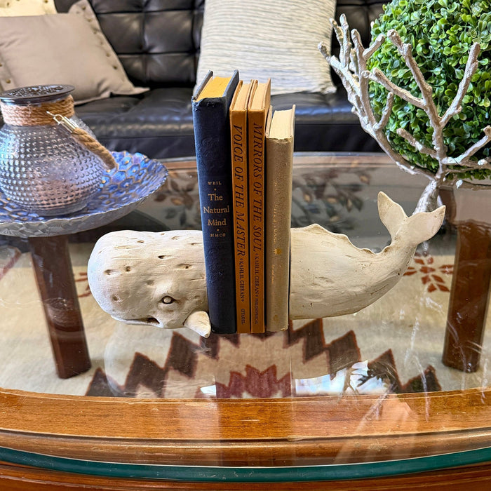 Sperm Whale Head and Tail Bookend Set, Off White Weathered Hand Painted Resin Nautical Bookends, 10 Inch Coastal Shelf Decor