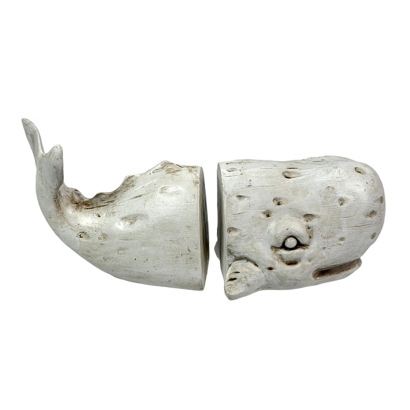 Sperm Whale Head and Tail Bookend Set, Off White Weathered Hand Painted Resin Nautical Bookends, 10 Inch Coastal Shelf Decor