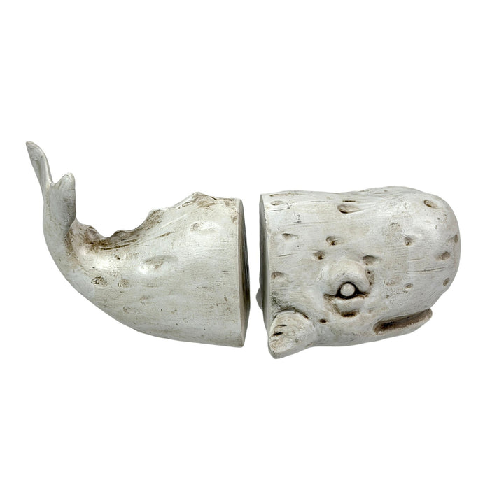 Sperm Whale Head and Tail Bookend Set, Off White Weathered Hand Painted Resin Nautical Bookends, 10 Inch Coastal Shelf Decor