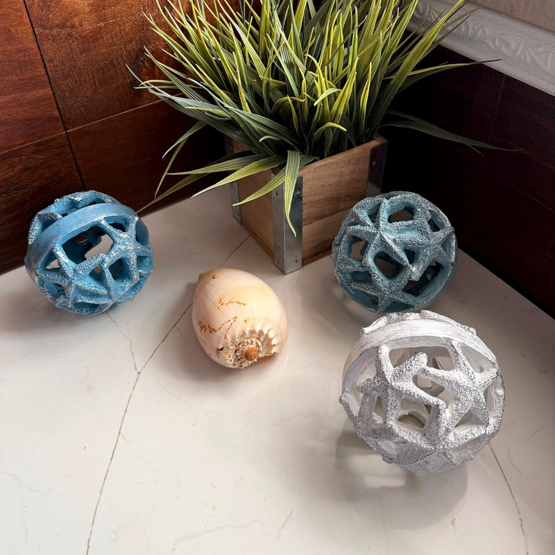 Zeckos Decorative Orbs Coastal 4 Inch Resin Decorative Balls Set of 3 with Starfish Openwork Design, Blue Aqua Sand and White