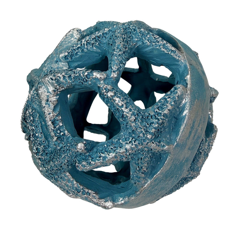Zeckos Decorative Orbs Coastal 4 Inch Resin Decorative Balls Set of 3 with Starfish Openwork Design, Blue Aqua Sand and White