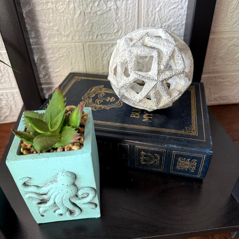 Zeckos Decorative Orbs Coastal 4 Inch Resin Decorative Balls Set of 3 with Starfish Openwork Design, Blue Aqua Sand and White