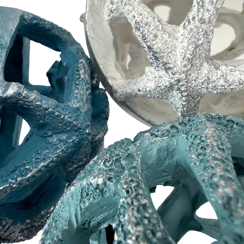 Zeckos Decorative Orbs Coastal 4 Inch Resin Decorative Balls Set of 3 with Starfish Openwork Design, Blue Aqua Sand and White