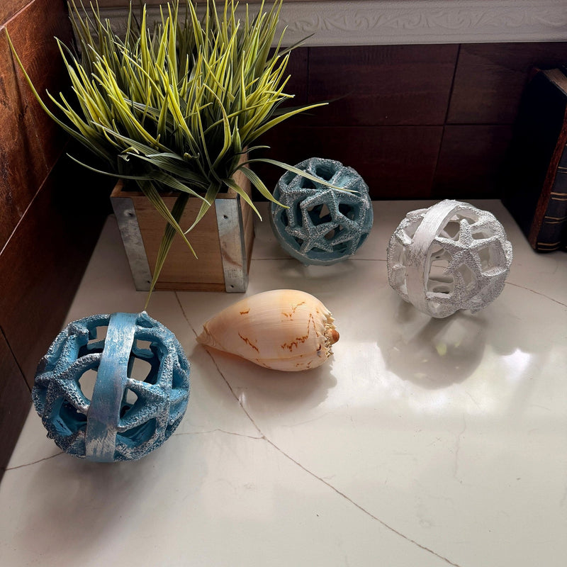 Zeckos Decorative Orbs Coastal 4 Inch Resin Decorative Balls Set of 3 with Starfish Openwork Design, Blue Aqua Sand and White