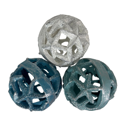Zeckos Decorative Orbs Coastal 4 Inch Resin Decorative Balls Set of 3 with Starfish Openwork Design, Blue Aqua Sand and White