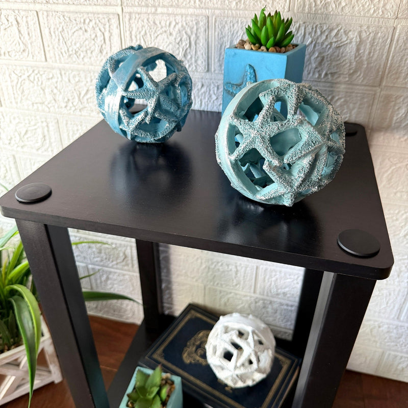 Zeckos Decorative Orbs Coastal 4 Inch Resin Decorative Balls Set of 3 with Starfish Openwork Design, Blue Aqua Sand and White