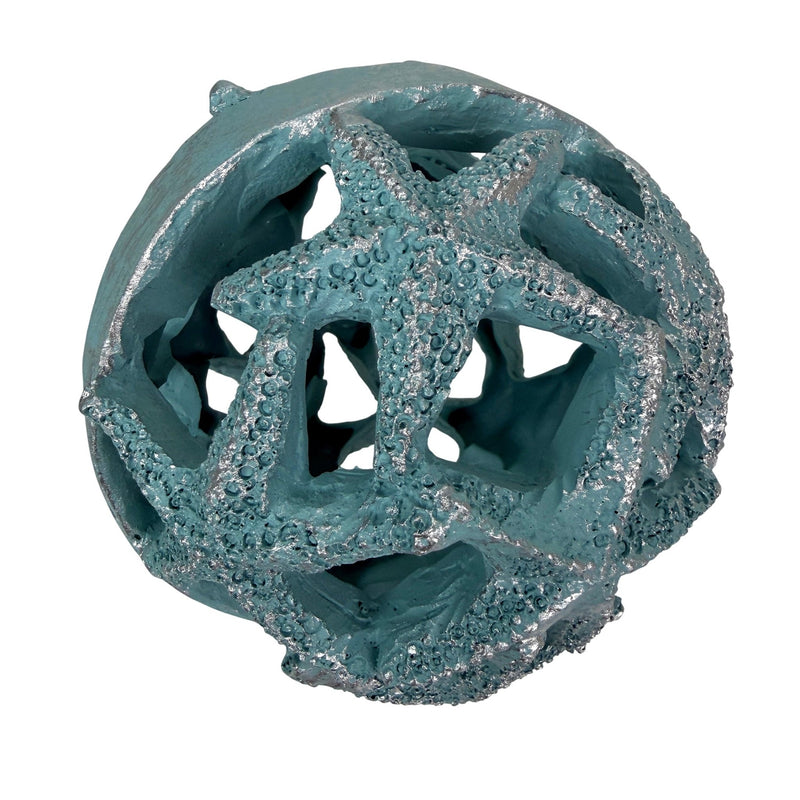 Zeckos Decorative Orbs Coastal 4 Inch Resin Decorative Balls Set of 3 with Starfish Openwork Design, Blue Aqua Sand and White