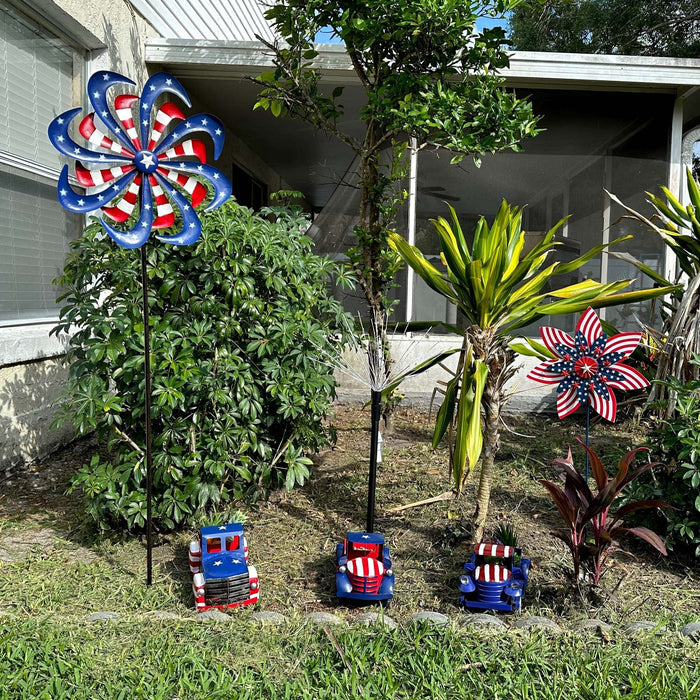 Stars & Stripes Red White Blue Metal Kinetic Wind Spinner Patriotic Garden Stake  - American Flag Themed Outdoor Flowerbed,