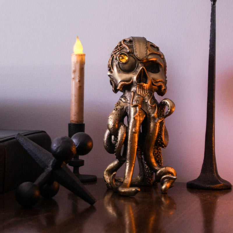 Steampunk Nautilus, Octopus Skull Fusion & Post-Apocalyptic Skull Statues – Retro-Futuristic Oceanic Sculptures with Bronzed