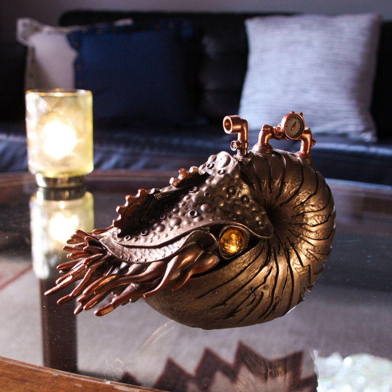 Steampunk Nautilus, Octopus Skull Fusion & Post-Apocalyptic Skull Statues – Retro-Futuristic Oceanic Sculptures with Bronzed