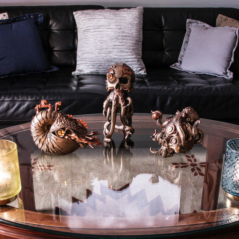 Steampunk Nautilus, Octopus Skull Fusion & Post-Apocalyptic Skull Statues – Retro-Futuristic Oceanic Sculptures with Bronzed