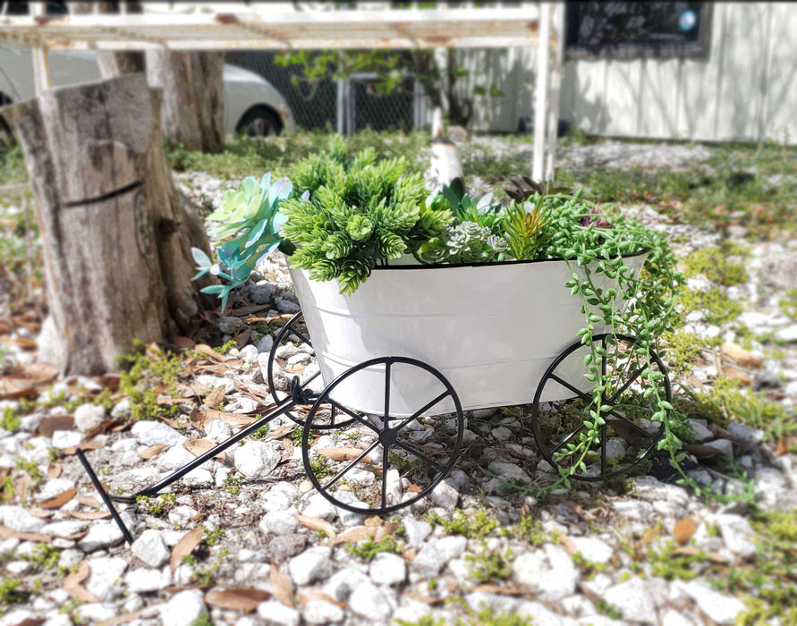 Charming White Enamelware Metal Farmhouse Style Decorative Wagon Garden Planter - Rustic Elegance For Gardens, Patios and