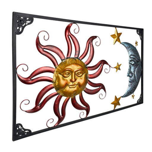 Celestial Sun, Moon, and Stars Tri-Color Metal Indoor-Outdoor Wall Décor 30 Inches Long, Evokes Cosmic Harmony and Adds