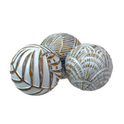 Zeckos Set of 3 Resin Decorative Balls with Palm Leaf, Banana Leaf and Shell Motifs, 4.5 Inches Tall, Distressed Whitewash