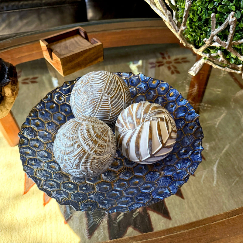 Zeckos Set of 3 Resin Decorative Balls with Palm Leaf, Banana Leaf and Shell Motifs, 4.5 Inches Tall, Distressed Whitewash