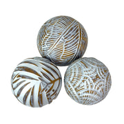 Zeckos Set of 3 Resin Decorative Balls with Palm Leaf, Banana Leaf and Shell Motifs, 4.5 Inches Tall, Distressed Whitewash