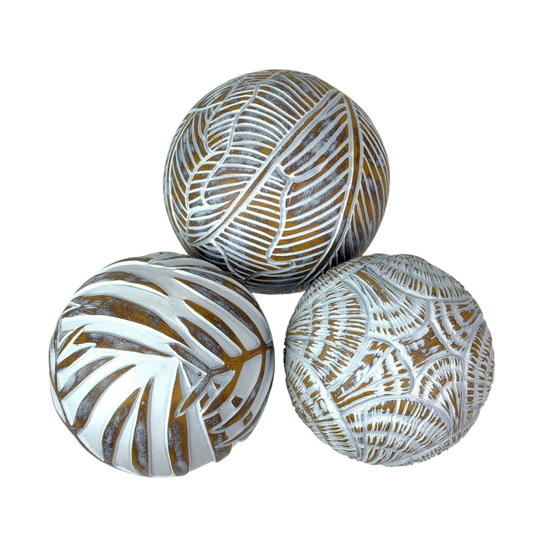 Zeckos Set of 3 Resin Decorative Balls with Palm Leaf, Banana Leaf and Shell Motifs, 4.5 Inches Tall, Distressed Whitewash