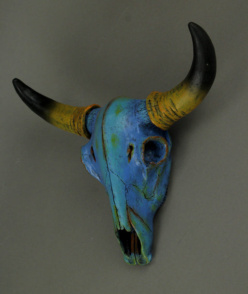 Vibrant Tie-Dye Blue Longhorn Skull Wall Sculpture - Realistic Animal Art, Ethically Crafted Faux Cow Skull Home Decor - 12