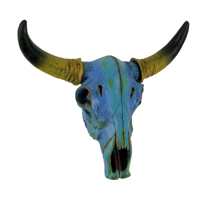 Vibrant Tie-Dye Blue Longhorn Skull Wall Sculpture - Realistic Animal Art, Ethically Crafted Faux Cow Skull Home Decor - 12