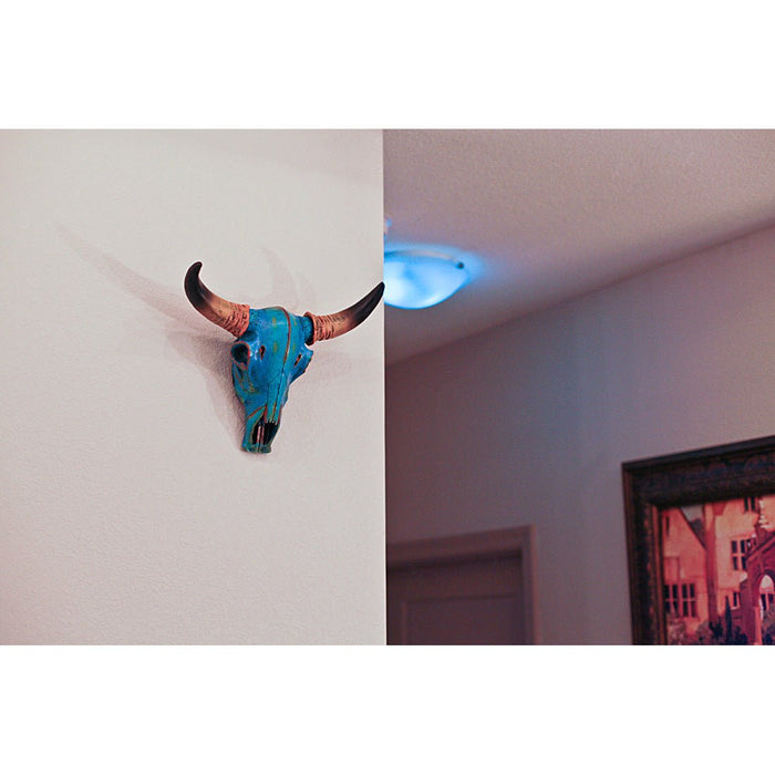 Vibrant Tie-Dye Blue Longhorn Skull Wall Sculpture - Realistic Animal Art, Ethically Crafted Faux Cow Skull Home Decor - 12