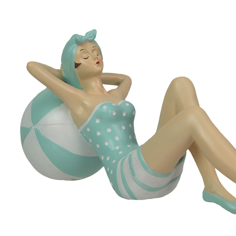 Vintage-Inspired Bathing Beauty - Elegant Lady Relaxing on Beachball in Polka Dot Swimsuit Resin Figurine - Nostalgic Coastal