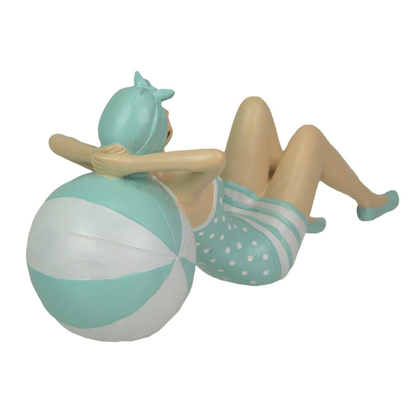 Vintage-Inspired Bathing Beauty - Elegant Lady Relaxing on Beachball in Polka Dot Swimsuit Resin Figurine - Nostalgic Coastal