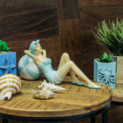 Vintage-Inspired Bathing Beauty - Elegant Lady Relaxing on Beachball in Polka Dot Swimsuit Resin Figurine - Nostalgic Coastal