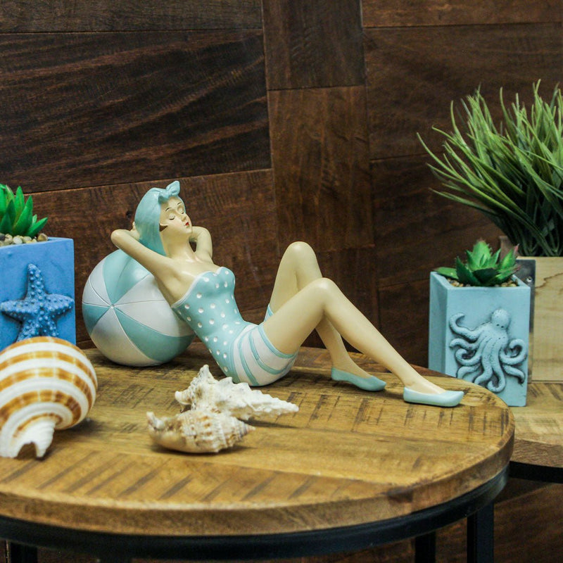 Vintage-Inspired Bathing Beauty - Elegant Lady Relaxing on Beachball in Polka Dot Swimsuit Resin Figurine - Nostalgic Coastal