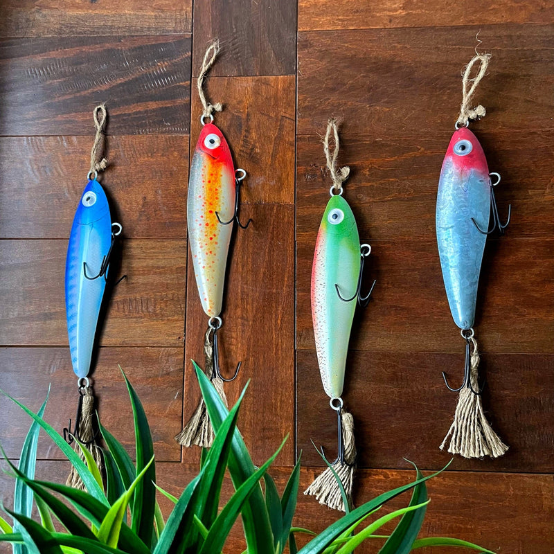 Vintage Metal Fishing Lure Wall Hangings - Set of 4 - Coastal Decor - Multicolor Finish with Jute Hangers - Nautical Wall Art