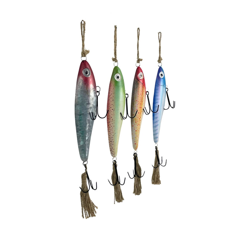 Vintage Metal Fishing Lure Wall Hangings - Set of 4 - Coastal Decor - Multicolor Finish with Jute Hangers - Nautical Wall Art