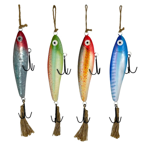 Vintage Metal Fishing Lure Wall Hangings - Set of 4 - Coastal Decor - Multicolor Finish with Jute Hangers - Nautical Wall Art