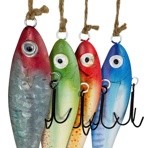 Vintage Metal Fishing Lure Wall Hangings - Set of 4 - Coastal Decor - Multicolor Finish with Jute Hangers - Nautical Wall Art