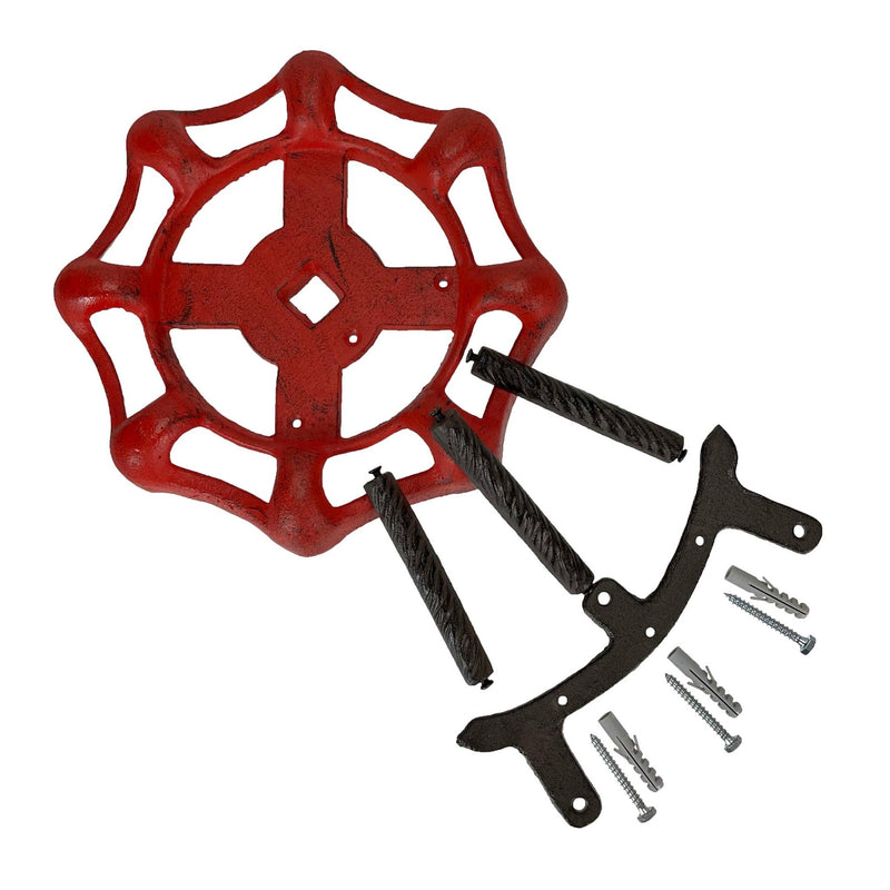 Vintage Outdoor Faucet Spigot Garden Hose Holder - Distressed Red Cast Iron - Decorative Wall-Mounted Hose Hanger - Holds 75