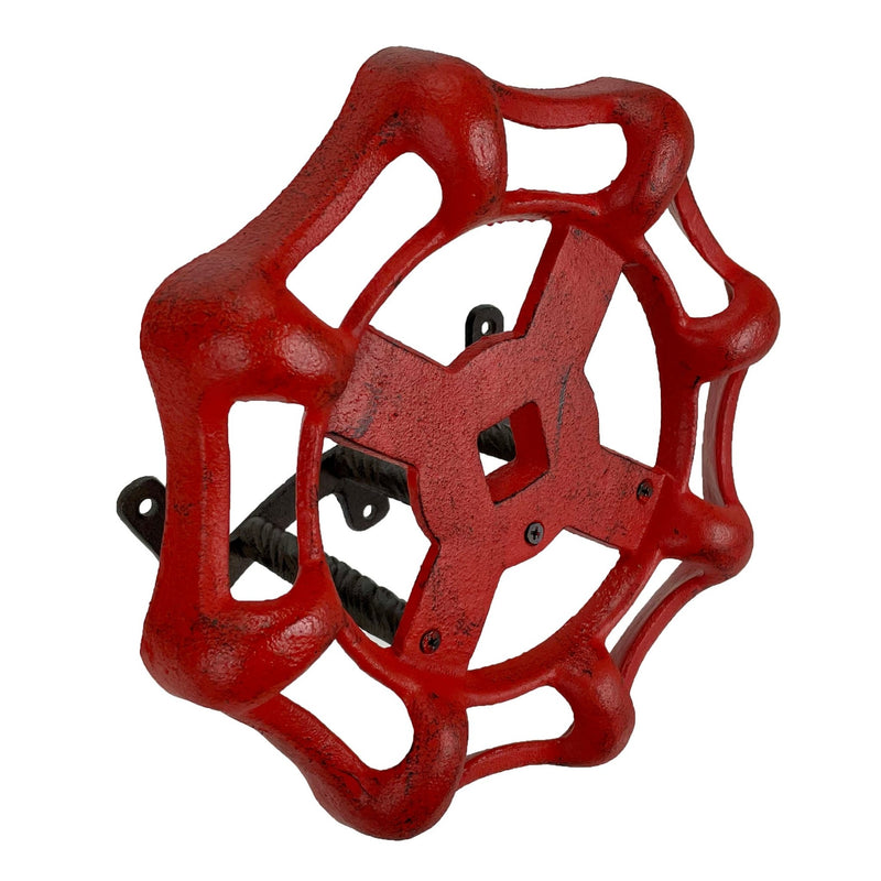 Vintage Outdoor Faucet Spigot Garden Hose Holder - Distressed Red Cast Iron - Decorative Wall-Mounted Hose Hanger - Holds 75