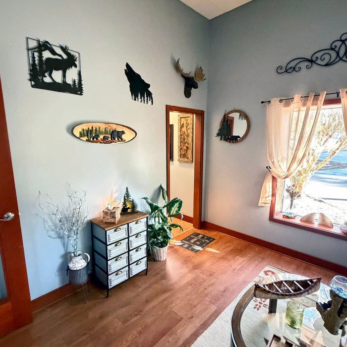 Walking Bear Family Wood Wall Sculpture, 31.5 x 9 Inch Rustic Oval Intarsia Forest Scene, Hand Carved Brown Wildlife Wall Art