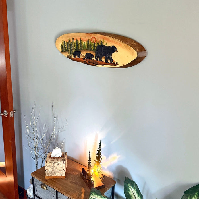 Walking Bear Family Wood Wall Sculpture, 31.5 x 9 Inch Rustic Oval Intarsia Forest Scene, Hand Carved Brown Wildlife Wall Art