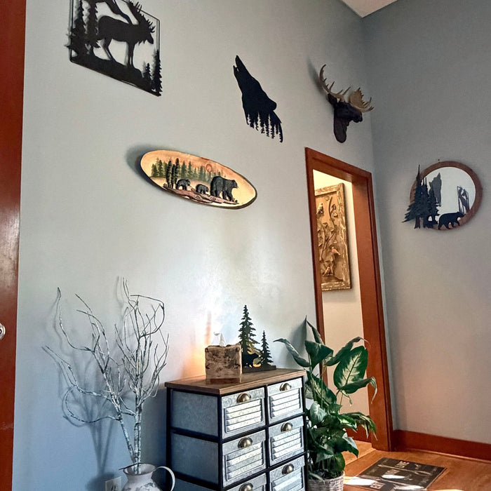 Walking Bear Family Wood Wall Sculpture, 31.5 x 9 Inch Rustic Oval Intarsia Forest Scene, Hand Carved Brown Wildlife Wall Art