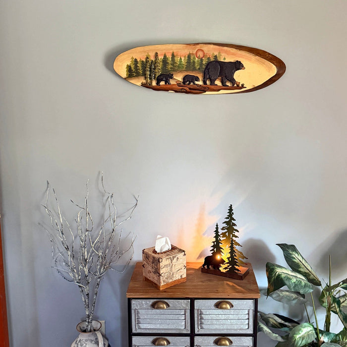 Walking Bear Family Wood Wall Sculpture, 31.5 x 9 Inch Rustic Oval Intarsia Forest Scene, Hand Carved Brown Wildlife Wall Art