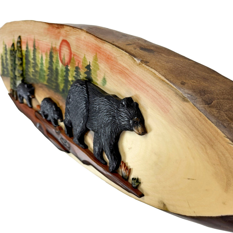Walking Bear Family Wood Wall Sculpture, 31.5 x 9 Inch Rustic Oval Intarsia Forest Scene, Hand Carved Brown Wildlife Wall Art