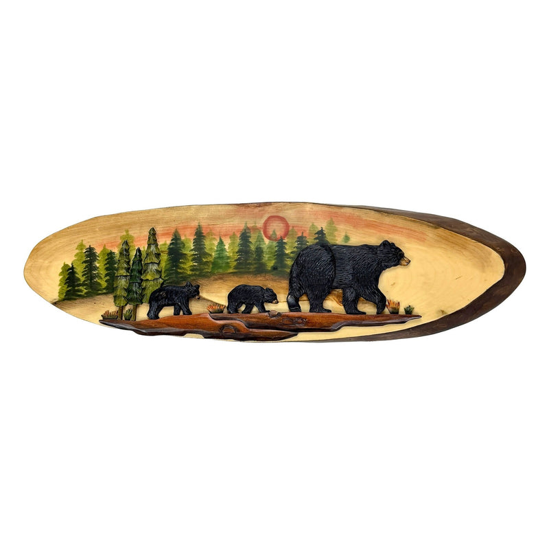 Walking Bear Family Wood Wall Sculpture, 31.5 x 9 Inch Rustic Oval Intarsia Forest Scene, Hand Carved Brown Wildlife Wall Art