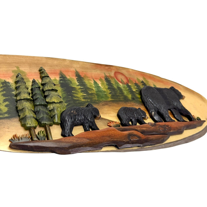 Walking Bear Family Wood Wall Sculpture, 31.5 x 9 Inch Rustic Oval Intarsia Forest Scene, Hand Carved Brown Wildlife Wall Art